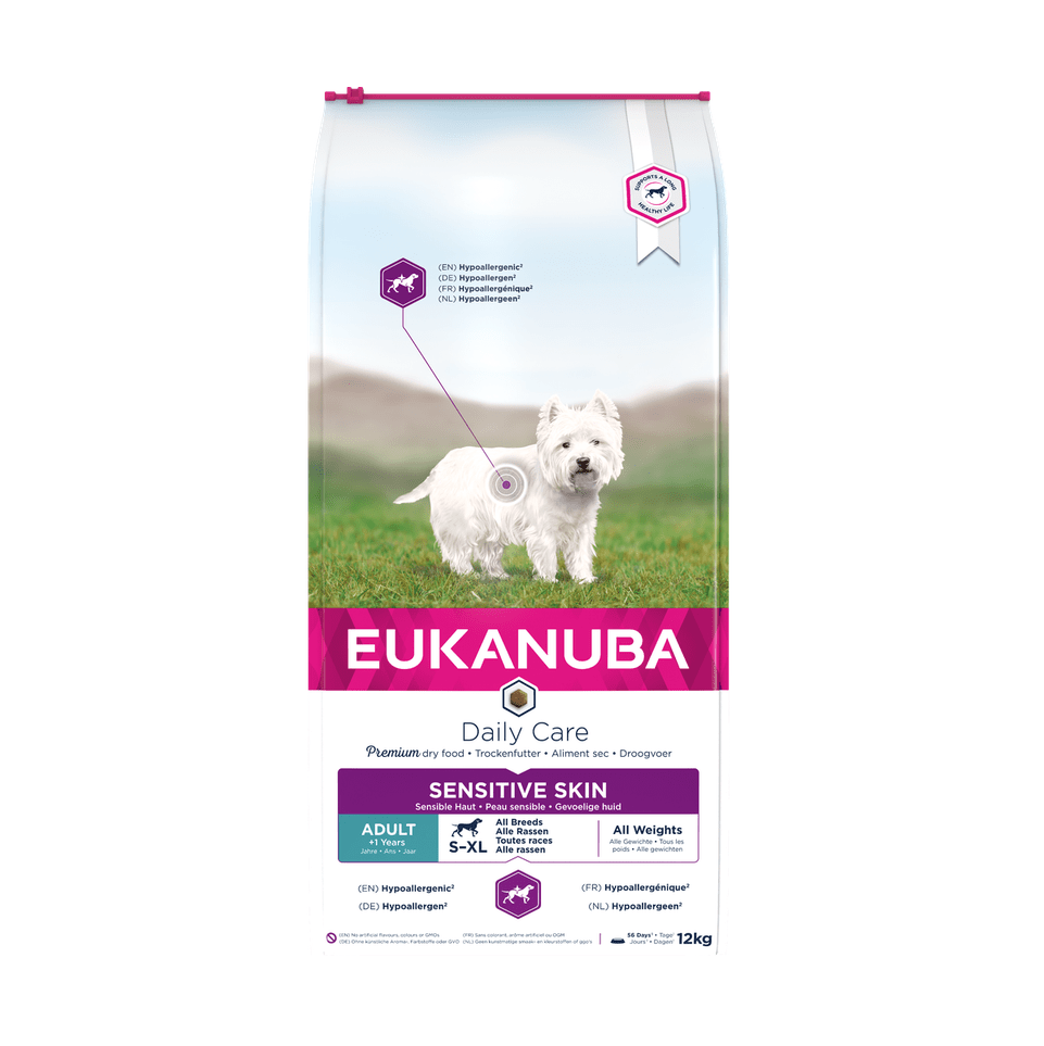 EUKANUBA Daily Care doogvoer (brokjes) voor volwassen honden met een gevoelige huid 12 kg