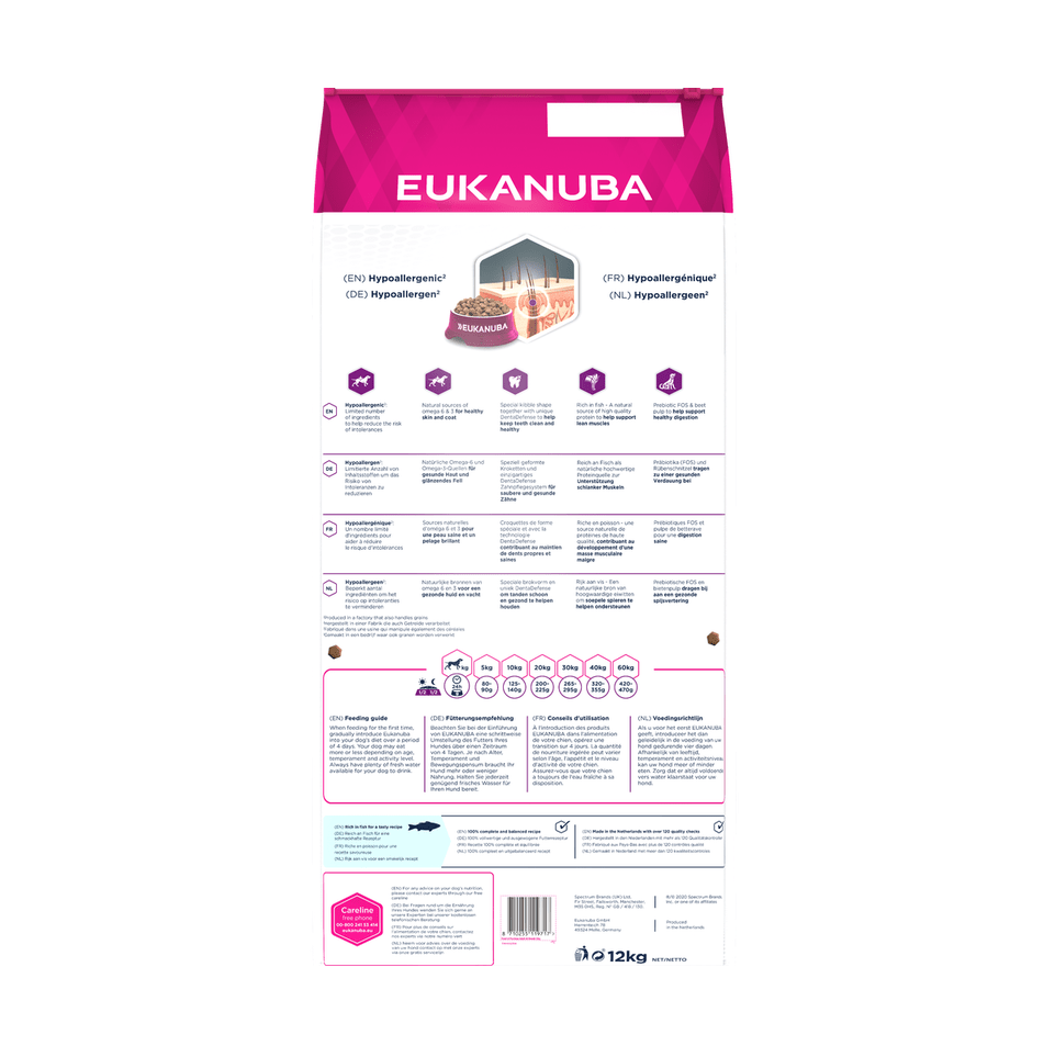 EUKANUBA Daily Care doogvoer (brokjes) voor volwassen honden met een gevoelige huid 12 kg