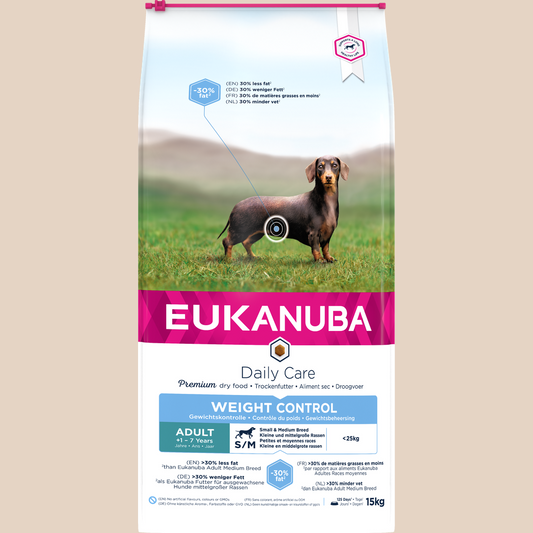 EUKANUBA droogvoer (brokjes) voor volwassen kleine en middelgrote honden - recept met verse kip voor gewichtsbeheersing 15 kg