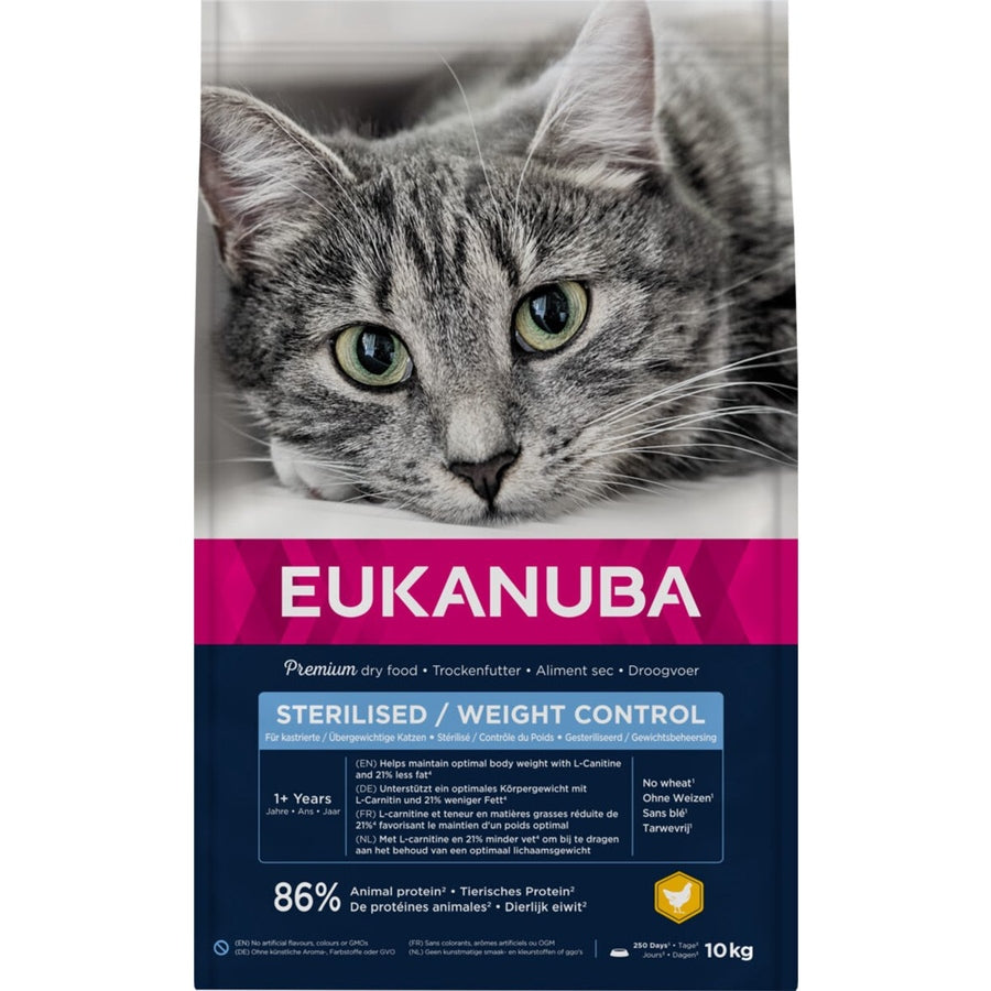 EUKANUBA droogvoer voor volwassen katten, gesteriliseerd/gewicht controle, kip 10 kg
