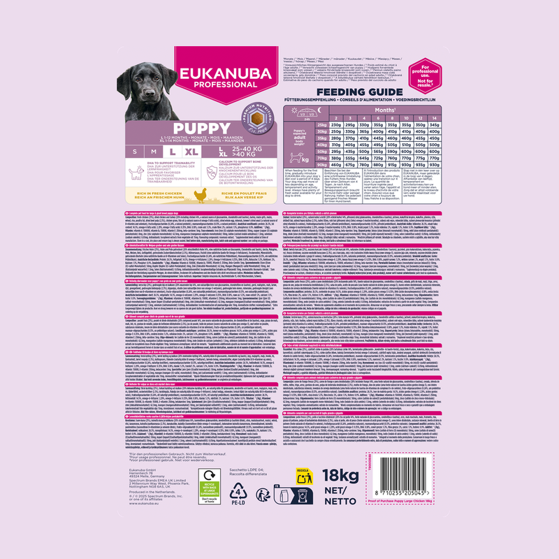 EUKANUBA droog hondenvoer voor puppy's van grote rassen, rijk aan verse kip 18 kg
