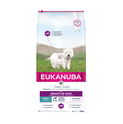 EUKANUBA Daily Care doogvoer (brokjes) voor volwassen honden met een gevoelige huid 12 kg