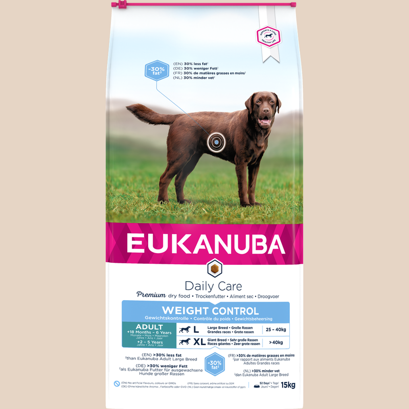 EUKANUBA droogvoer (brokjes) voor volwassen grote honden - recept met verse kip voor gewichtsbeheersing 15 kg