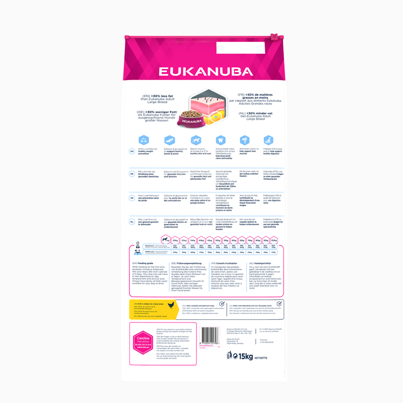 EUKANUBA droogvoer (brokjes) voor volwassen grote honden - recept met verse kip voor gewichtsbeheersing 15 kg