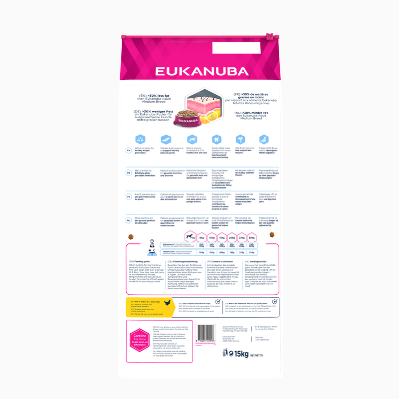 EUKANUBA droogvoer (brokjes) voor volwassen kleine en middelgrote honden - recept met verse kip voor gewichtsbeheersing 15 kg