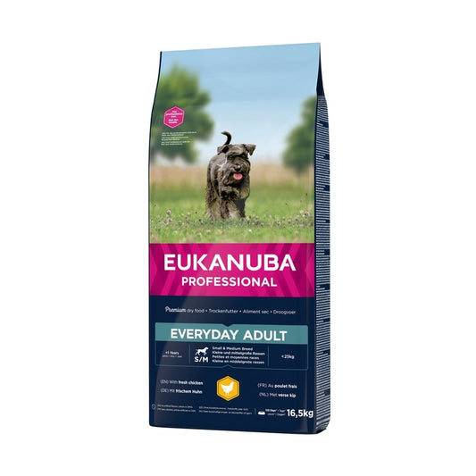 EUKANUBA droog hondenvoer (brokjes) voor volwassen honden van kleine en middelgrote rassen met verse kip - everyday breeder bag 16,5 kg