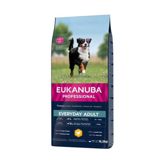 EUKANUBA droog hondenvoer (brokjes) voor volwassen honden van grote rassen met verse kip - everyday breeder bag 16,5 kg