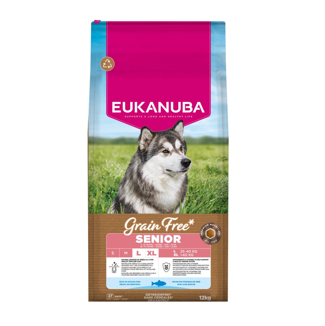 EUKANUBA droogvoer voor senior honden van grote rassen, graanvrij, oceaanvis 12 kg