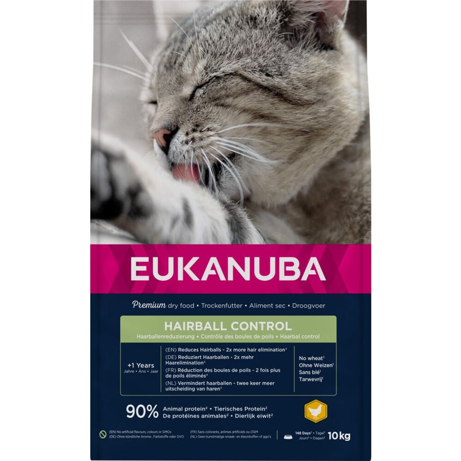 EUKANUBA droogvoer voor volwassen katten, haarbalcontrole kip, 10 kg