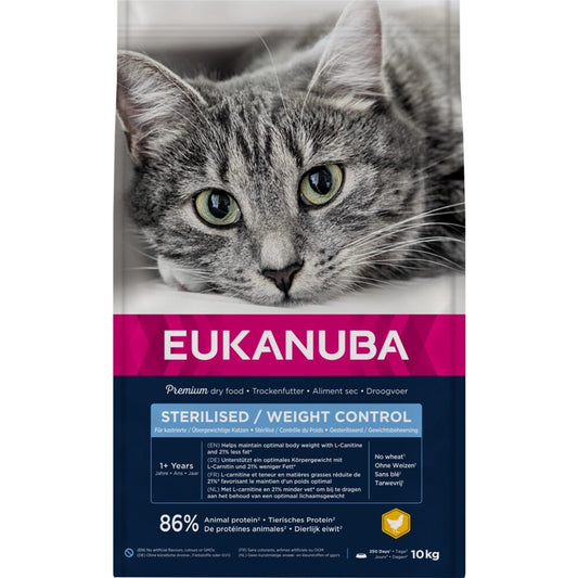 EUKANUBA droogvoer voor volwassen katten, gesteriliseerd/gewicht controle, kip 10 kg
