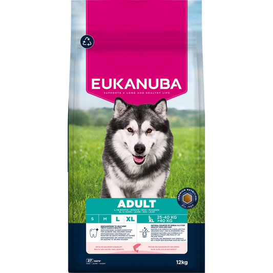 EUKANUBA droog hondenvoer voor volwassen honden van grote rassen, rijk aan zalm en gerst 12 kg