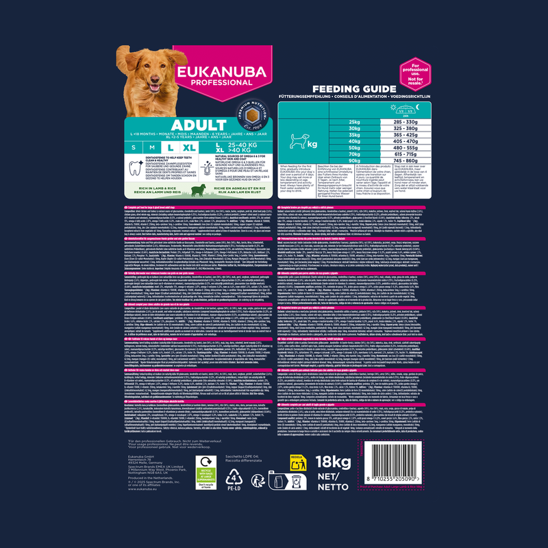 EUKANUBA droog hondenvoer voor volwassen honden van grote rassen, rijk aan lamsvlees en rijst 18 kg