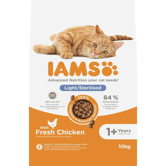 IAMS Advanced Nutrition Light/Sterilised 1+ Years droogvoer met verse kip voor katten 10 kg